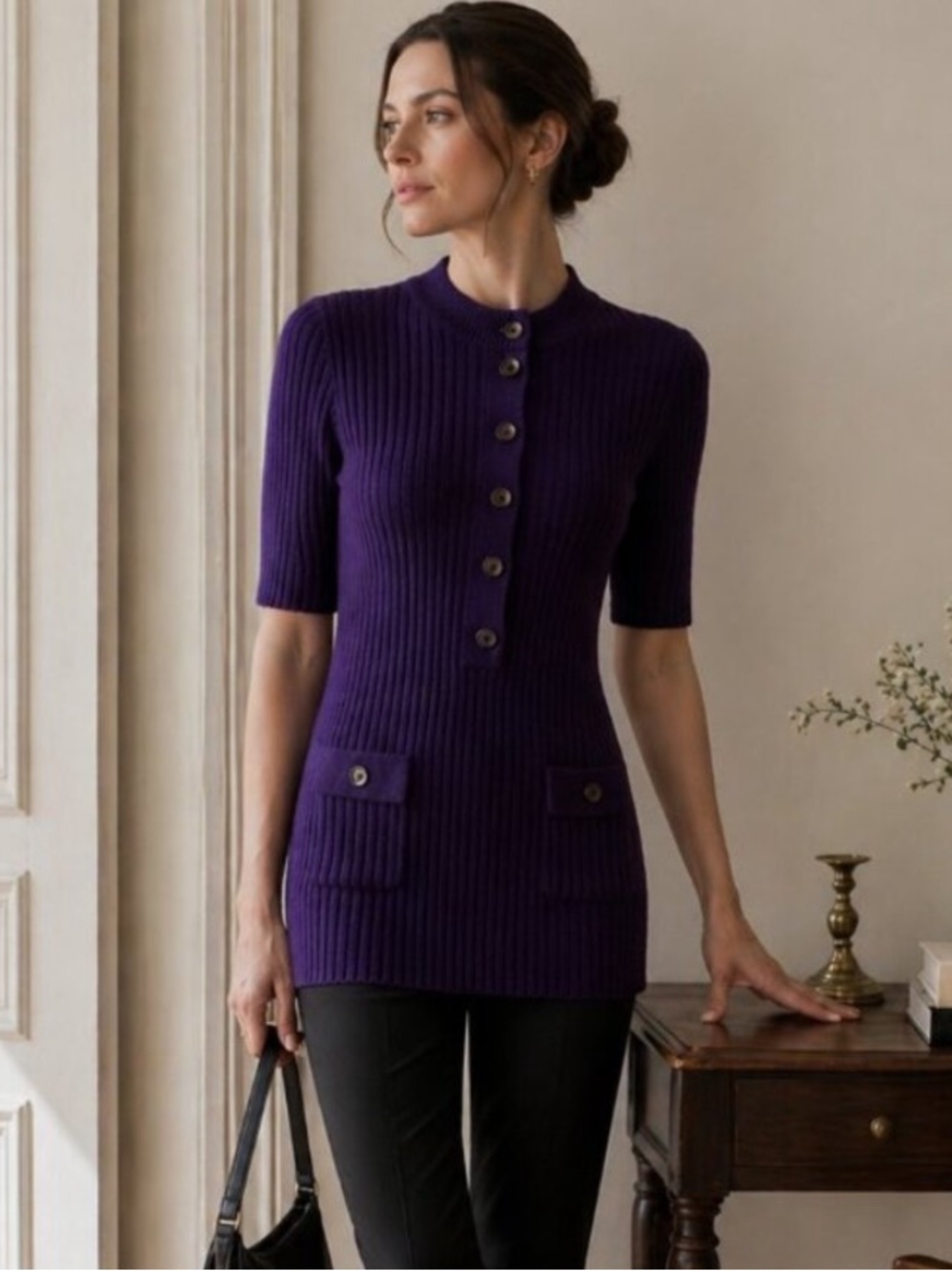 Demylee Cashmere Ribbed Tunic Sweater Purple Short Sleeve M